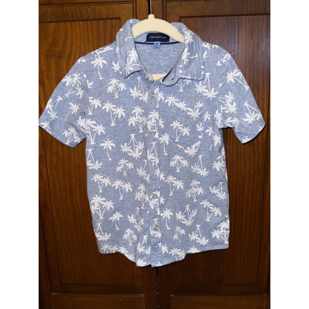 Andy & Evan Boys Blue Palm Tree Print Short Sleeve Button Down Shirt Size 5Y